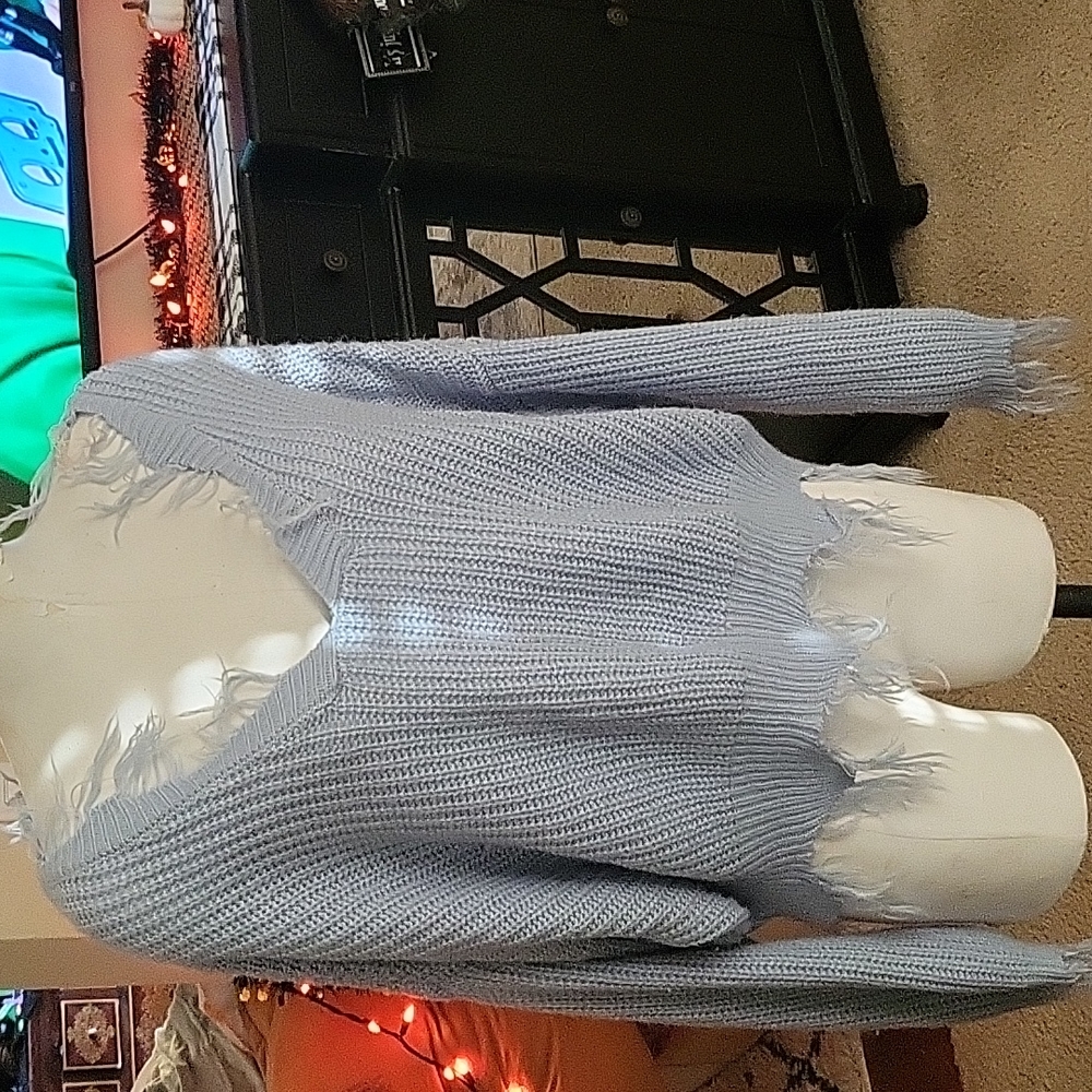 Off Shoulder Distressed Blue Pullover - image 1